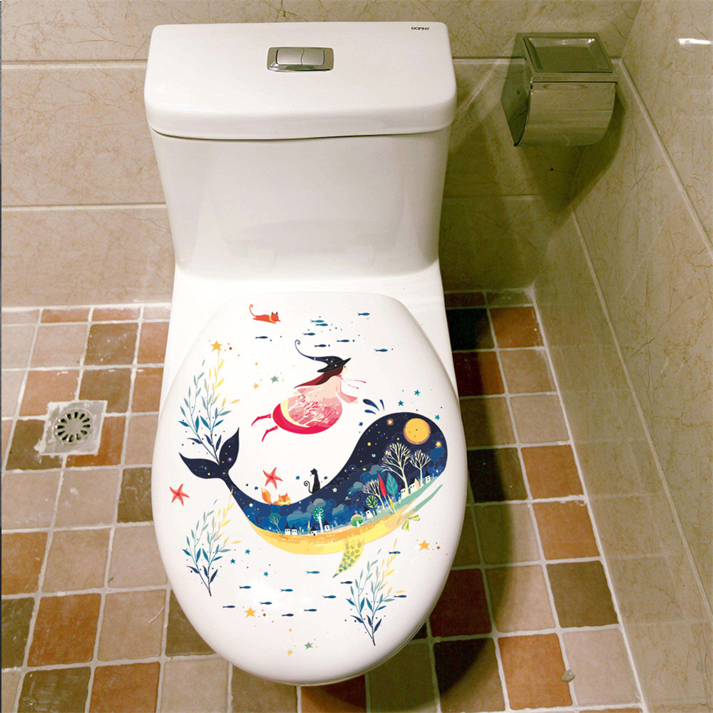 Big Whale Water Grass Girl Toilet Sticker Removable Home decal