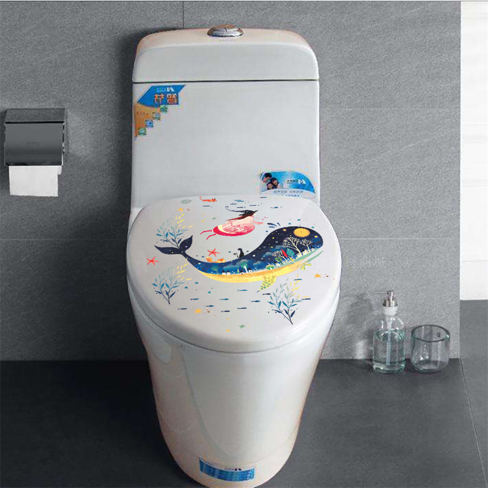 Big Whale Water Grass Girl Toilet Sticker Removable Home decal