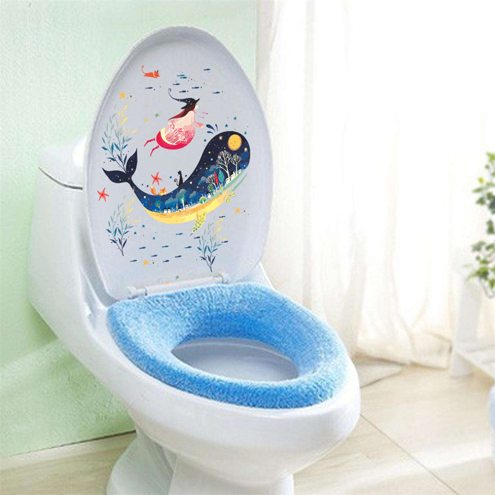 Big Whale Water Grass Girl Toilet Sticker Removable Home decal