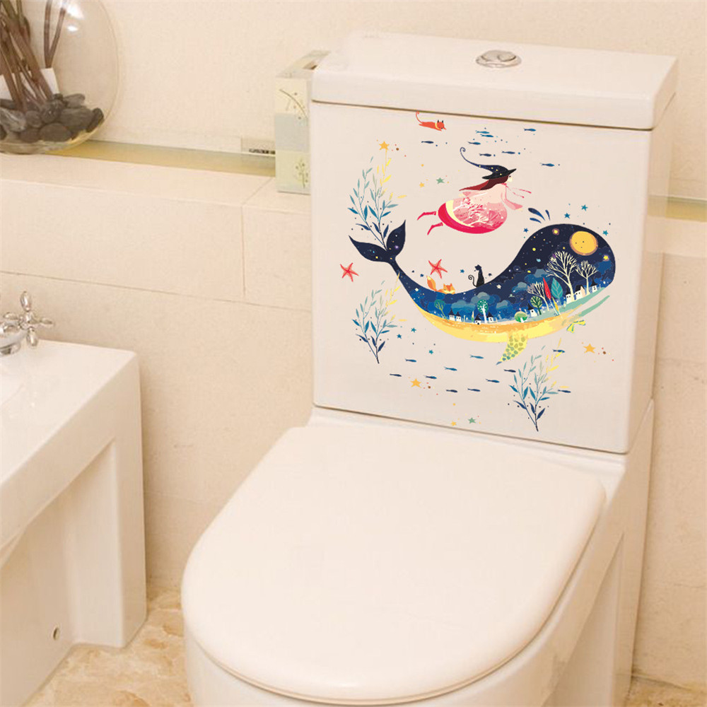 Big Whale Water Grass Girl Toilet Sticker Removable Home decal