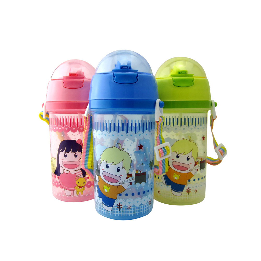 Kid's Water Bottle 550ml With Straw Double Handle Cartoon Cute Baby Water Cup