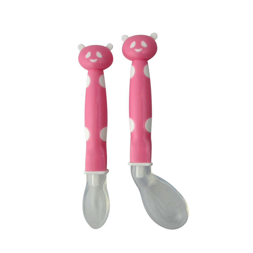 2Pcs Baby's Spoon Set Soft Silicone Candy Color Cute Cartoon Bear Design Spoon