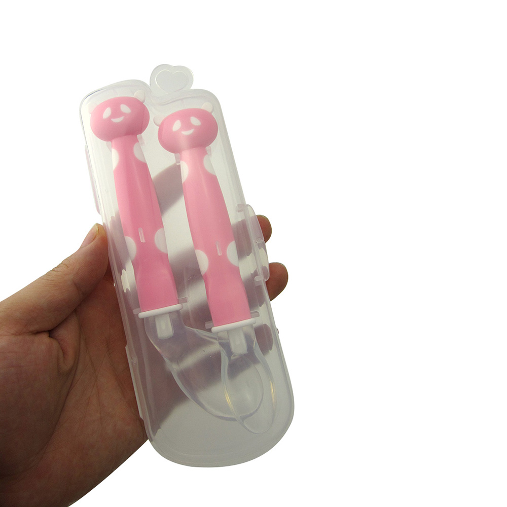 2Pcs Baby's Spoon Set Soft Silicone Candy Color Cute Cartoon Bear Design Spoon