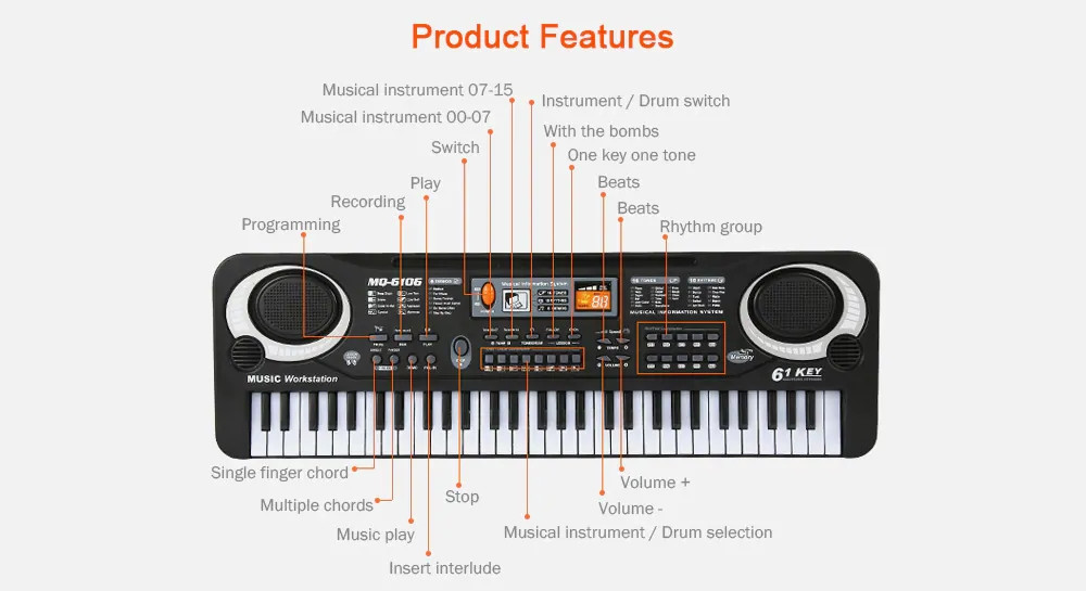 Multifunctional Mini Electronic Piano with Microphone 61 Keys Toy for Children