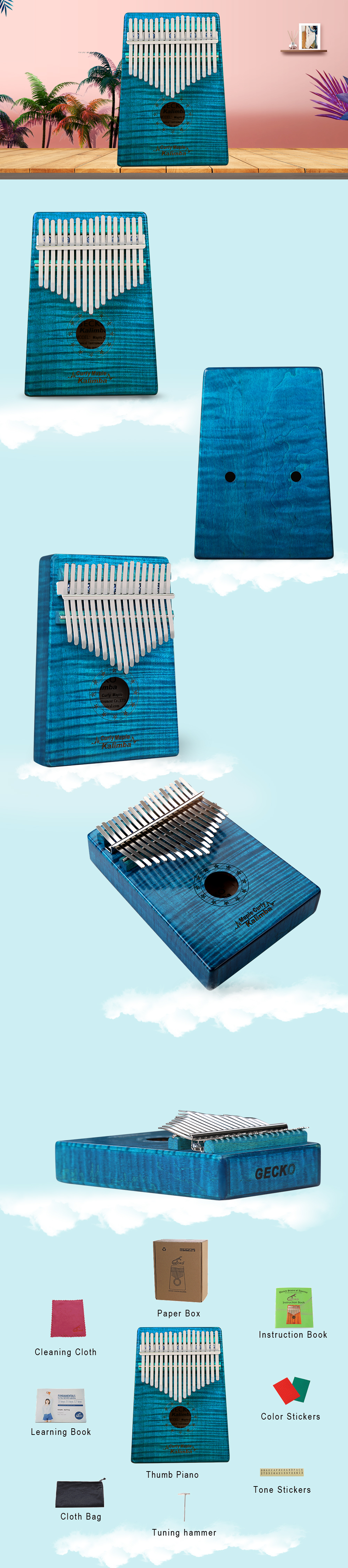 GECKO Kalimba 17 Key Thumb Piano with Study Instruction Song Book GECKO Kalimba 17 Key Thumb Piano with Study Instruction Song Book
