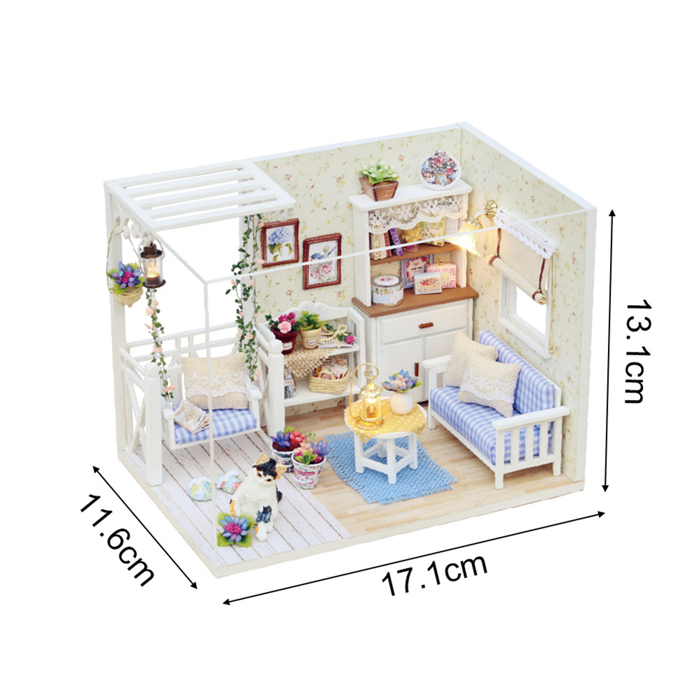 DIY Dollhouse Wooden Miniature Furniture Kit Mini Green House with LED Best Gift