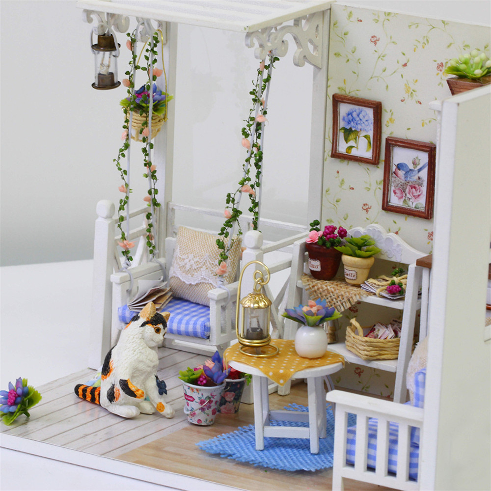 DIY Dollhouse Wooden Miniature Furniture Kit Mini Green House with LED Best Gift