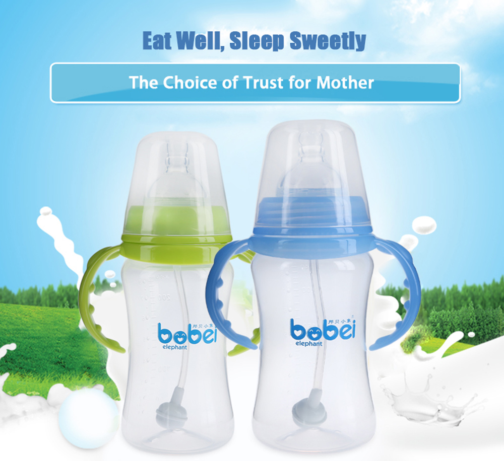 Bobei Elephant 240ml Newborn Baby Bottle with Handle Infant Kids Feeding Drinking Straw Milk Juice Water