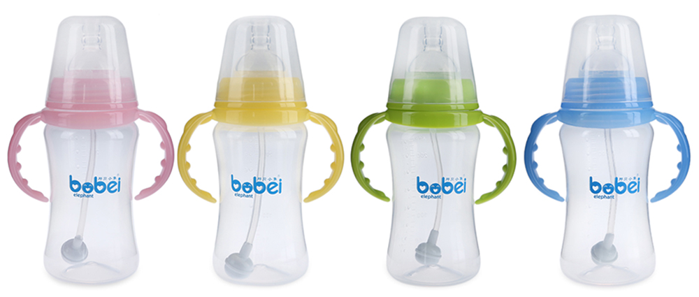 Bobei Elephant 240ml Newborn Baby Bottle with Handle Infant Kids Feeding Drinking Straw Milk Juice Water