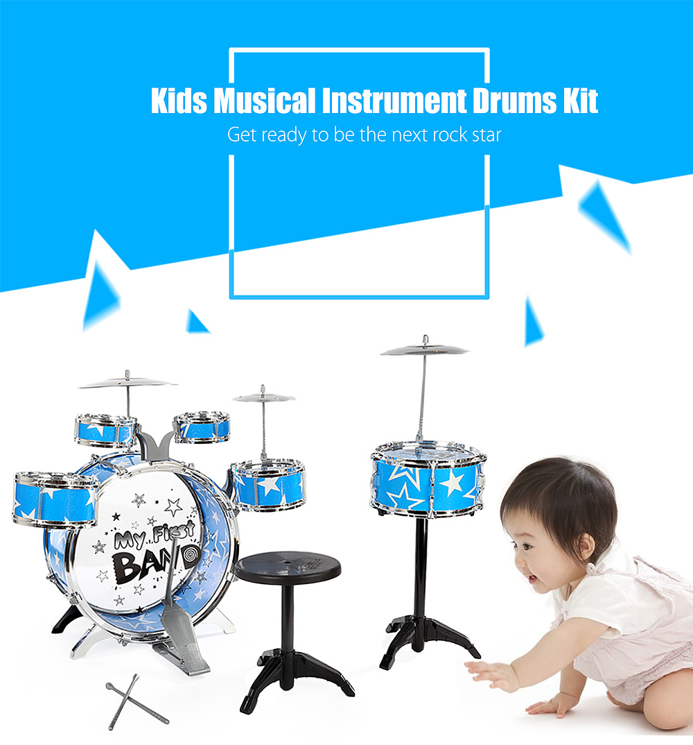 Children Drums Kit Musical Instrument Toy with Cymbals Stool Christmas Birthday Gift