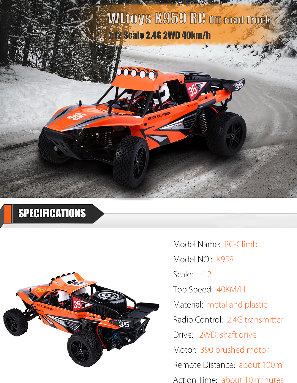 WLtoys K959 2.4GHz 1:12 2WD RTR 40KM/H Remote Control Climb Truck Off-road Vehicle