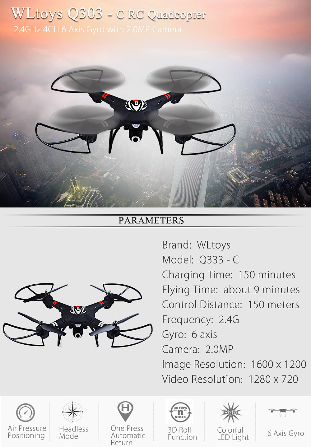 WLtoys Q303 - C 2.4GHz 4CH 6 Axis Gyro RC Quadcopter RTF Aircraft With 2.0MP Camera WLtoys Q303 - C 2.4GHz 4CH 6 Axis Gyro RC Quadcopter RTF Aircraft With 2.0MP Camera