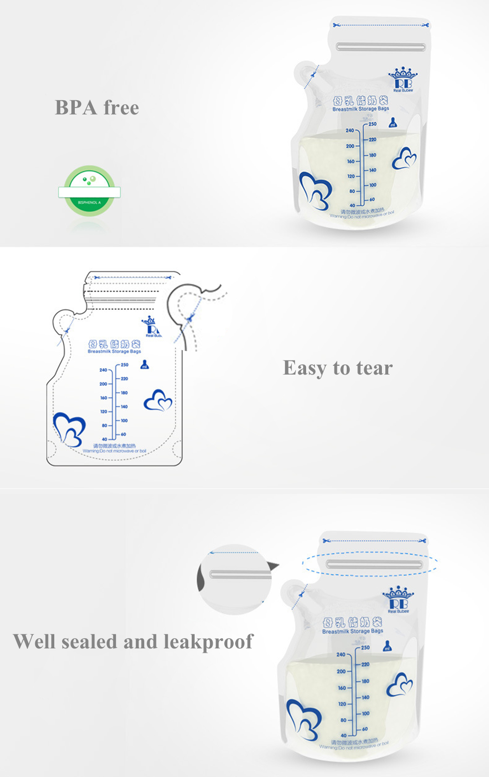 Real Bubee 30pcs 250ml Breast Milk Storage Bags
