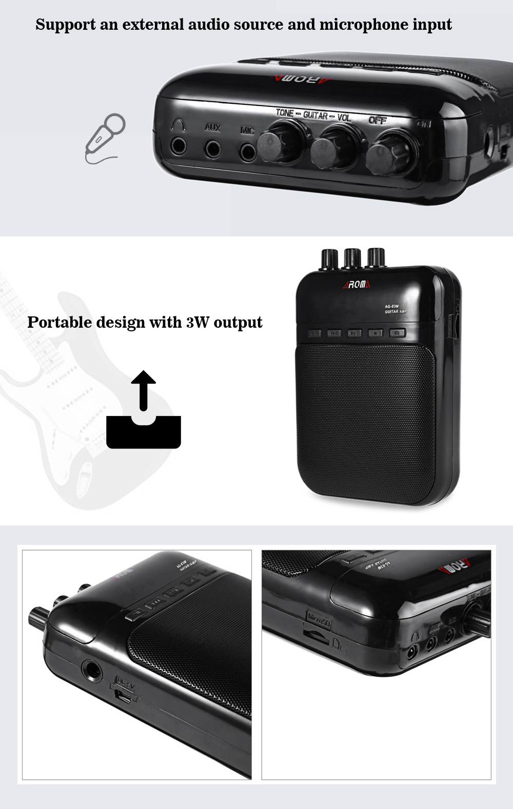 AROMA AG - 03M Portable Charging 3W Mini Guitar Amplifier AROMA AG - 03M Portable Charging 3W Mini Guitar Amplifier