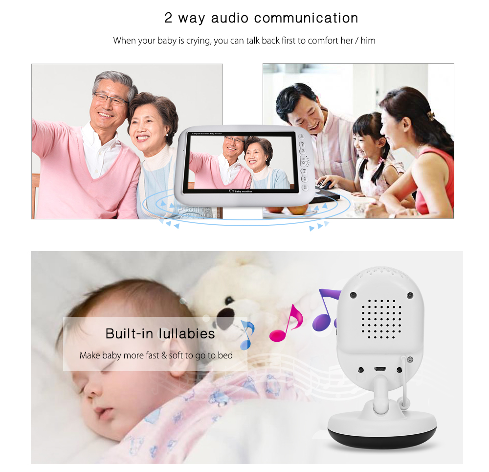 7.0 inch 2.4GHz Wireless TFT LCD Dual View Video Baby Monitor with Infrared Night Vision