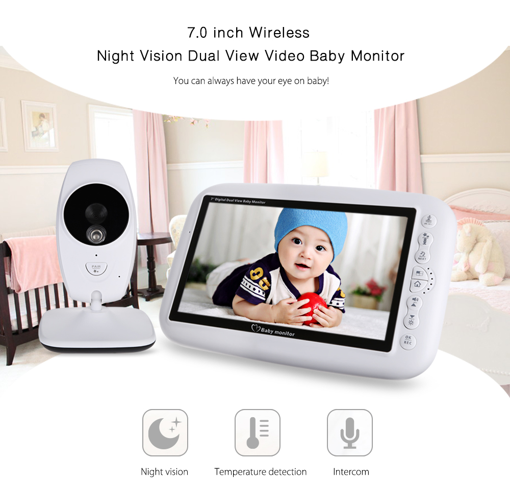 7.0 inch 2.4GHz Wireless TFT LCD Dual View Video Baby Monitor with Infrared Night Vision