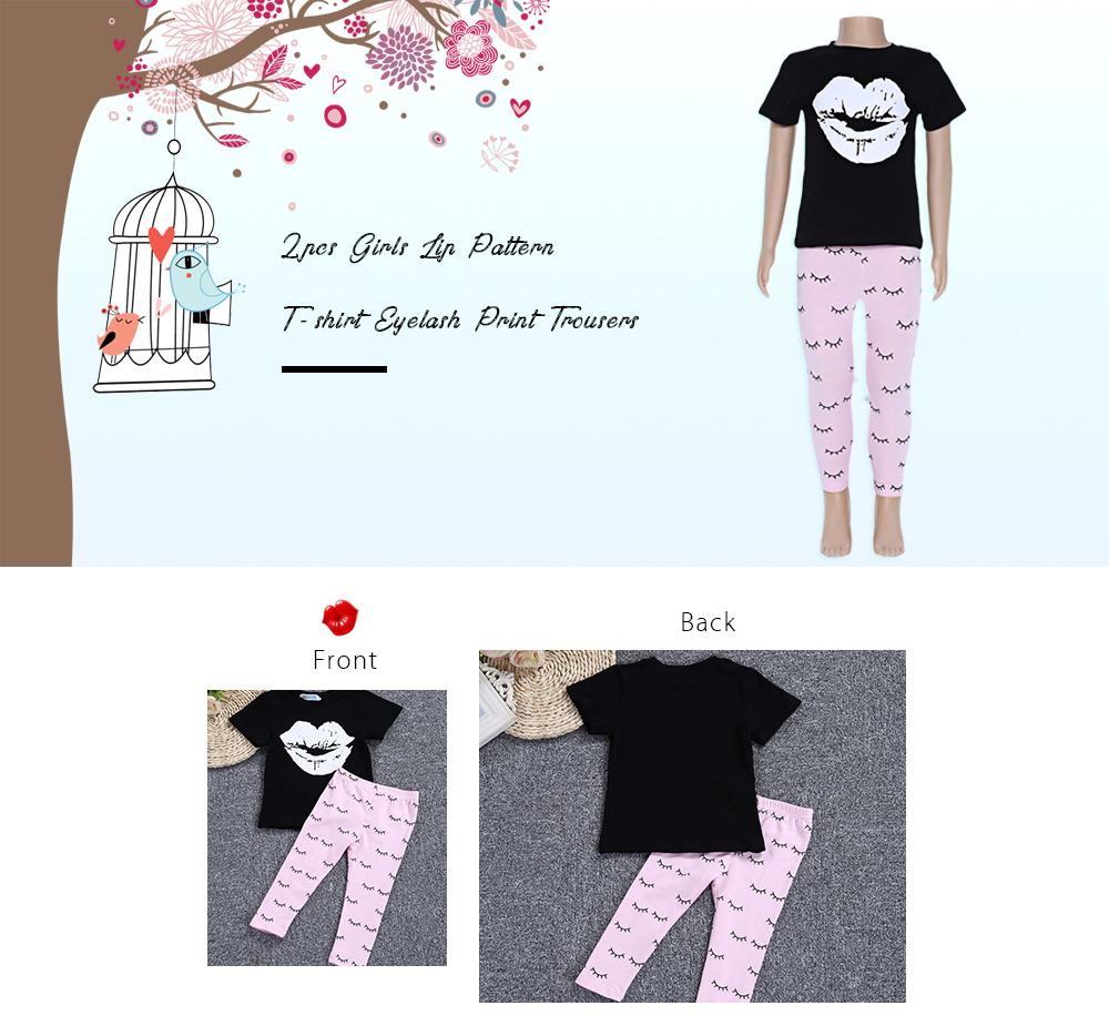 SOSOCOER 2pcs Girls Lip Pattern T-shirt Top Eyelash Print Trousers SOSOCOER 2pcs Girls Lip Pattern T-shirt Top Eyelash Print Trousers