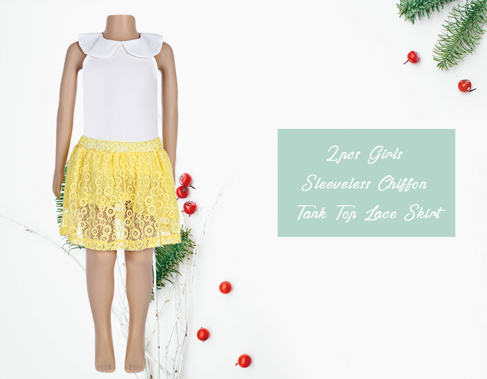 SOSOCOER 2pcs Girls Peter Pan Collar Sleeveless Chiffon Tank Top Lace Skirt