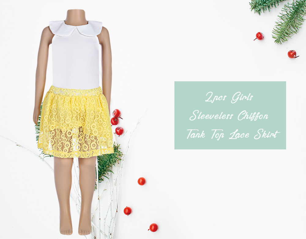 SOSOCOER 2pcs Girls Peter Pan Collar Sleeveless Chiffon Tank Top Lace Skirt SOSOCOER 2pcs Girls Peter Pan Collar Sleeveless Chiffon Tank Top Lace Skirt