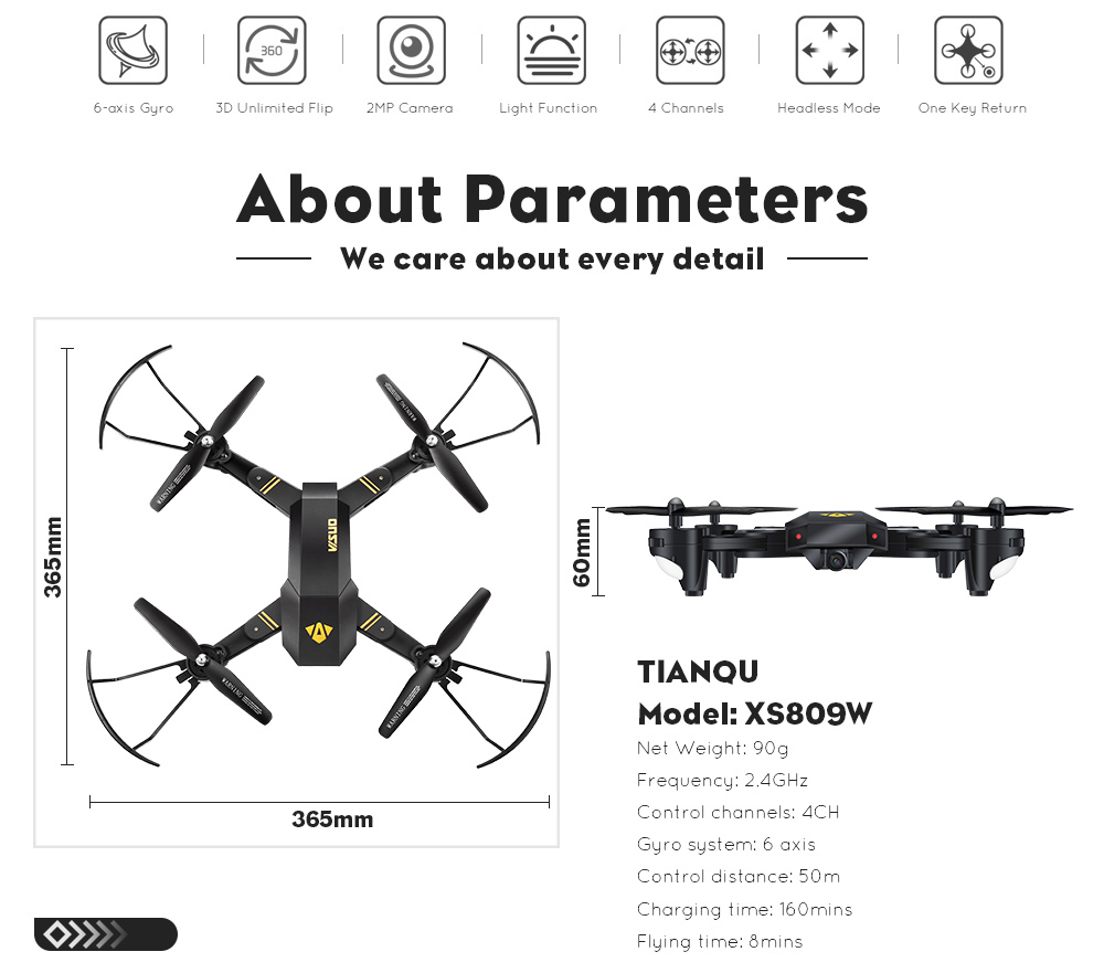 TIANQU XS809W RC Quadcopter 120 Degree Wide-angle Lens 2MP WiFi Camera Altitude Hold Drone RTF