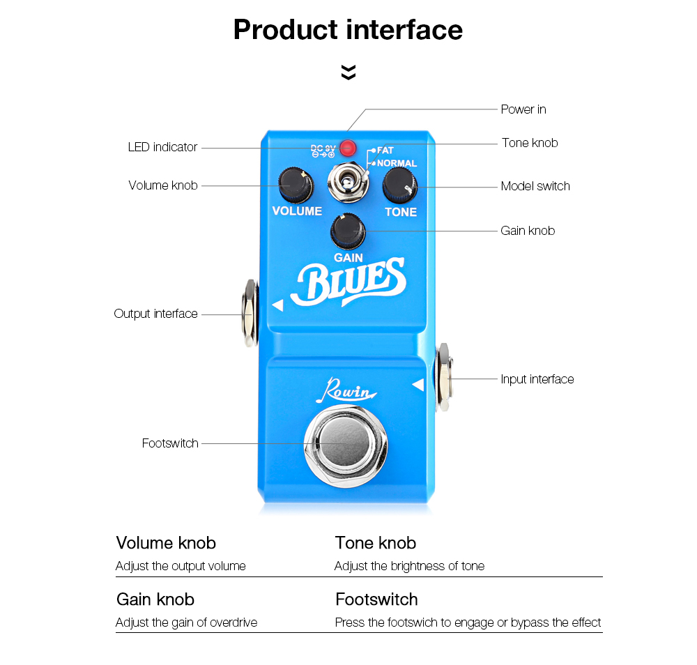 ROWIN Blues Style Overdrive Box Guitar Effect Pedal True Bypass Design Aluminum Alloy Housing