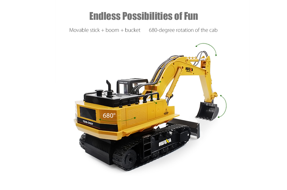 HUINA TOYS 1510 1:16 2.4GHz 11CH RC Alloy Excavator RTR Mechanical Sound / 680-degree Rotation / Movable Stick Boom Bucket HUINA TOYS 1510 1:16 2.4GHz 11CH RC Alloy Excavator RTR Mechanical Sound / 680-degree Rotation / Movable Stick Boom Bucket
