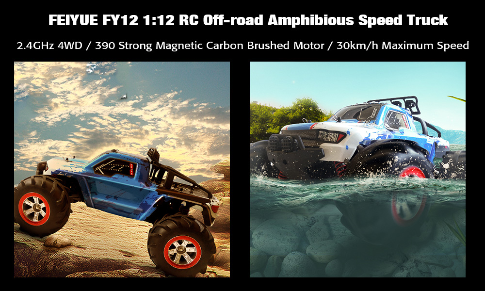 FEIYUE FY12 1:12 RC Off-road Amphibious Speed Truck 30km/h / 2.4GHz 4-wheel Drive / 390 Strong Magnetic Carbon Brushed Motor FEIYUE FY12 1:12 RC Off-road Amphibious Speed Truck 30km/h / 2.4GHz 4-wheel Drive / 390 Strong Magnetic Carbon Brushed Motor