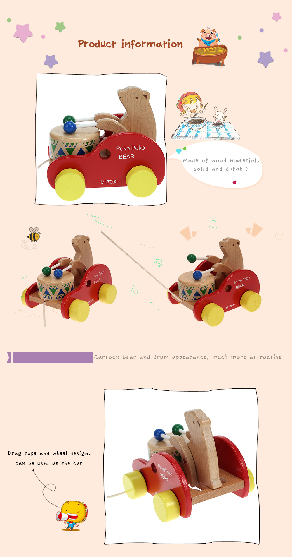 Lovely Wooden Bear Drum Drag Car Educational Toy Lovely Wooden Bear Drum Drag Car Educational Toy
