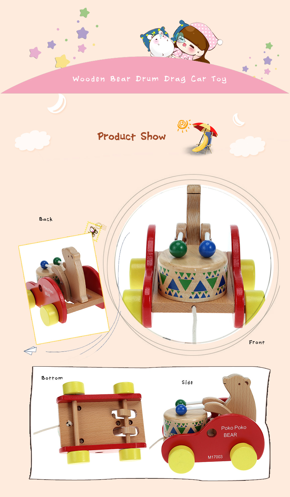 Lovely Wooden Bear Drum Drag Car Educational Toy