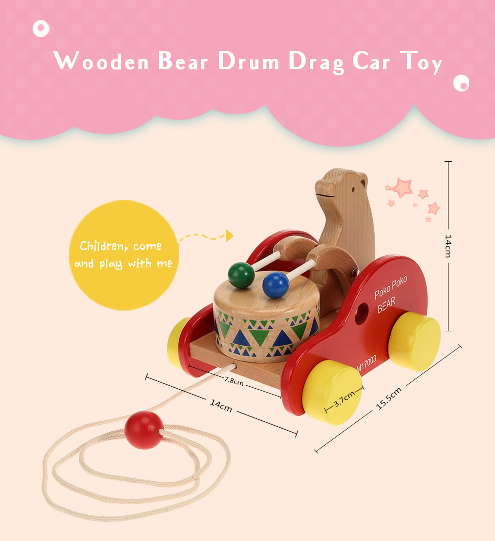 Lovely Wooden Bear Drum Drag Car Educational Toy