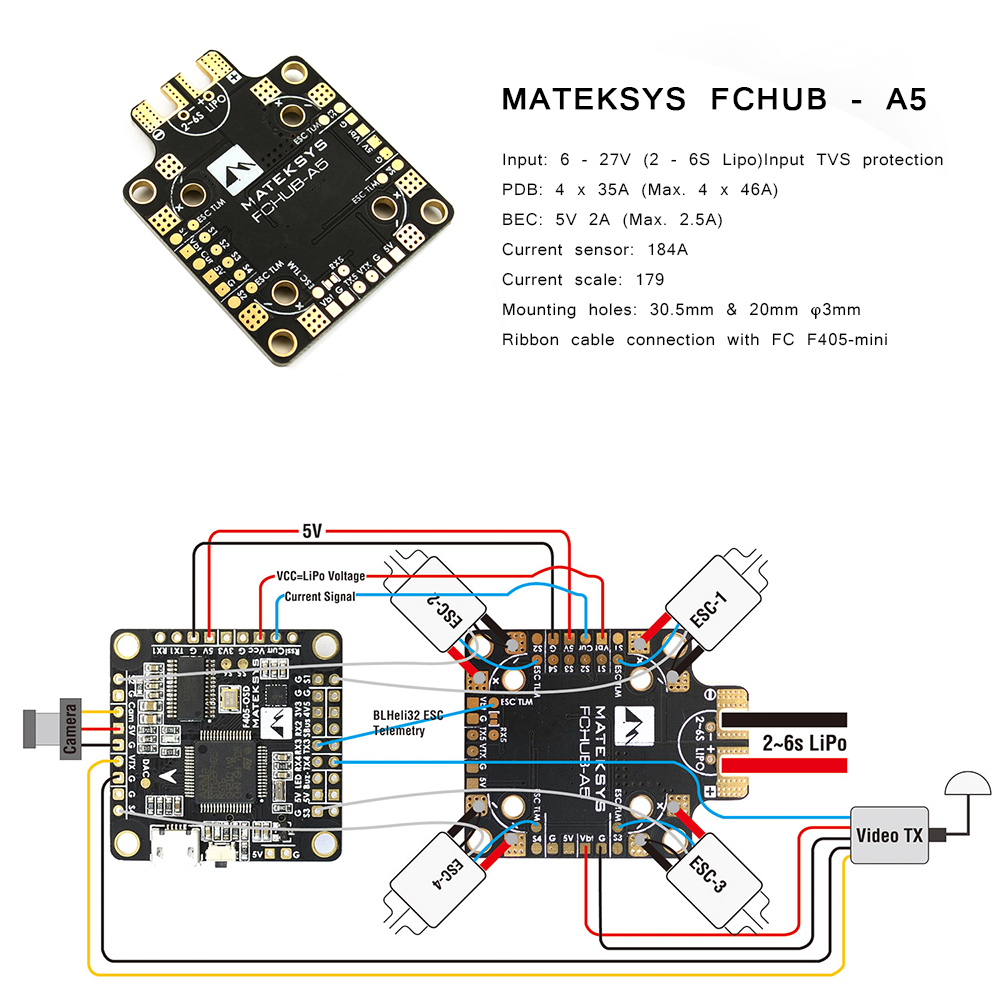 Matek Systems FCHUB - A5 PDB Built-in 184A Current Sensor 5V 2A BEC 2 - 6S for RC Drone FPV Racing Multi Rotor