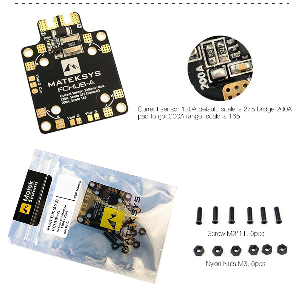 Matek Systems FCHUB - A with 120A 200A Current Sensor Module for F411 Mini F4 Flight Controller Matek Systems FCHUB - A with 120A 200A Current Sensor Module for F411 Mini F4 Flight Controller