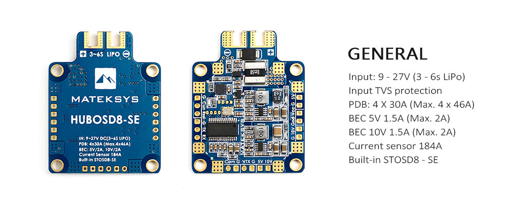 Matek Systems HUBOSD8 - SE 9 - 27V PDB with STOSD8 - SE 5V 10V Dual BEC for RC Drone