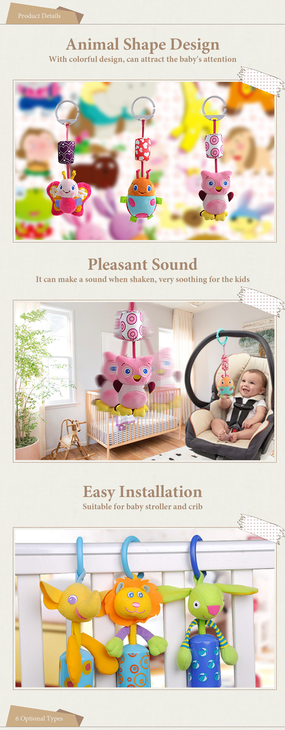 SOZZY Animal Shape Hanging Bell Wind Chimes Crib Stroller Rattle Toy SOZZY Animal Shape Hanging Bell Wind Chimes Crib Stroller Rattle Toy