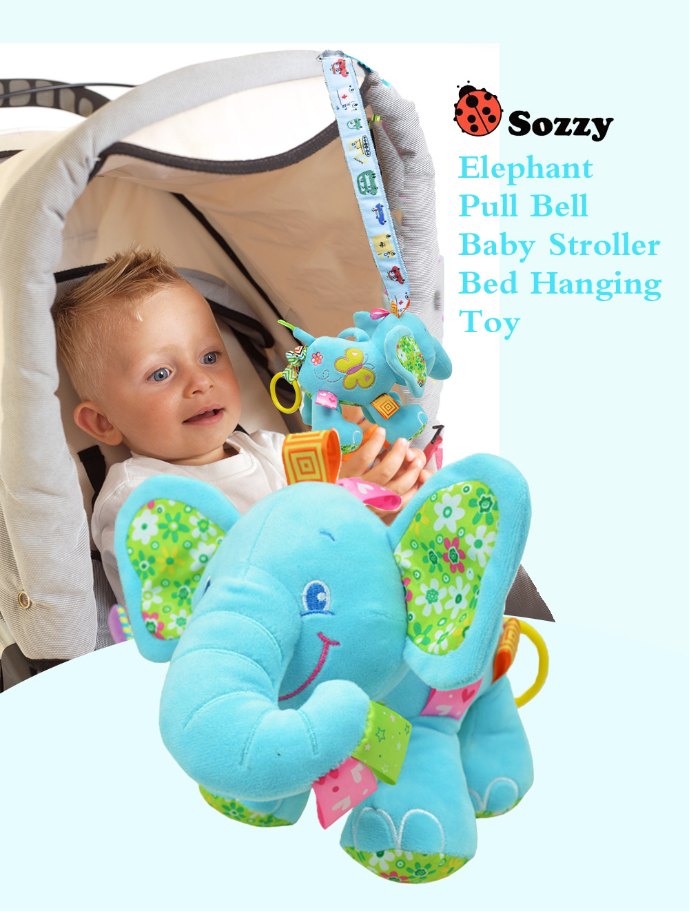 SOZZY Music Pull Bell Baby Stroller Bed Elephant Hanging Appease Toy SOZZY Music Pull Bell Baby Stroller Bed Elephant Hanging Appease Toy
