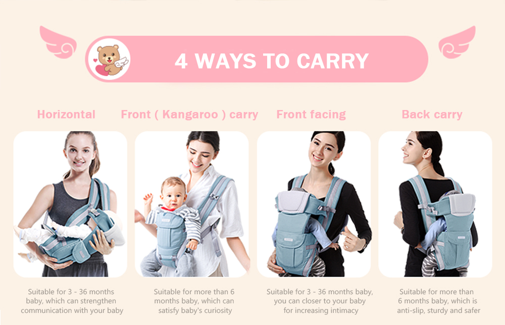 Bethbear 3 in 1 Hipseat Ergonomic Baby Carrier 0 - 36 Months Wrap Infant Sling Backpack