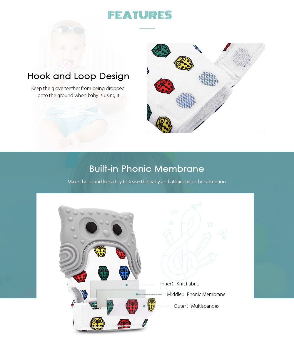 Owl Print Teething Mitten Baby Self-soothing Silicone Glove Teether Owl Print Teething Mitten Baby Self-soothing Silicone Glove Teether