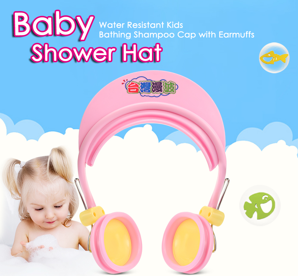 Baby Shower Hat Water Resistant Kids Bathing Shampoo Cap with Earmuffs