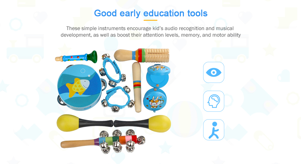 Percussion Musical Instrument Toy Kit Drum Bell Horn Hammer Tambourine Castanets Wooden Stick for Kids Baby Early Education 11PCS
