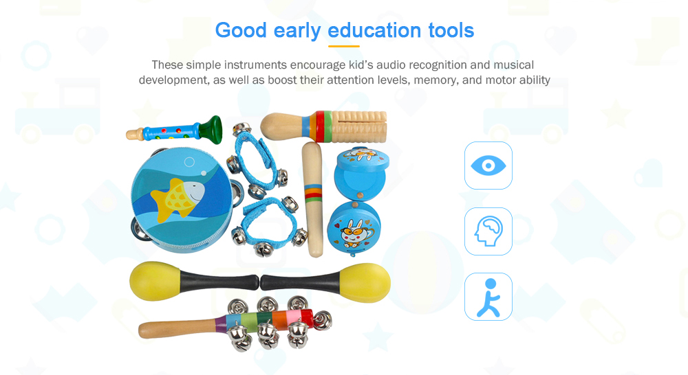 Percussion Musical Instrument Toy Kit Drum Bell Horn Hammer Tambourine Castanets Wooden Stick for Kids Baby Early Education 11PCS Percussion Musical Instrument Toy Kit Drum Bell Horn Hammer Tambourine Castanets Wooden Stick for Kids Baby Early Education 11PCS