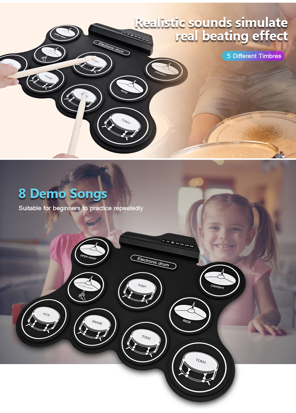 AEOFUN G4009 Electronic Roll Up Drum Kit with 5 Timbres and 8 Demo Songs AEOFUN G4009 Electronic Roll Up Drum Kit with 5 Timbres and 8 Demo Songs