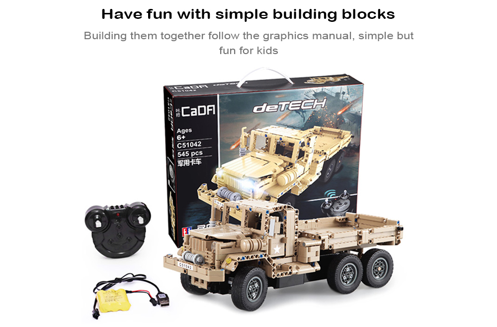 CaDA DIY Assembled Simulation Military Truck Building Block Toy with Remote Control