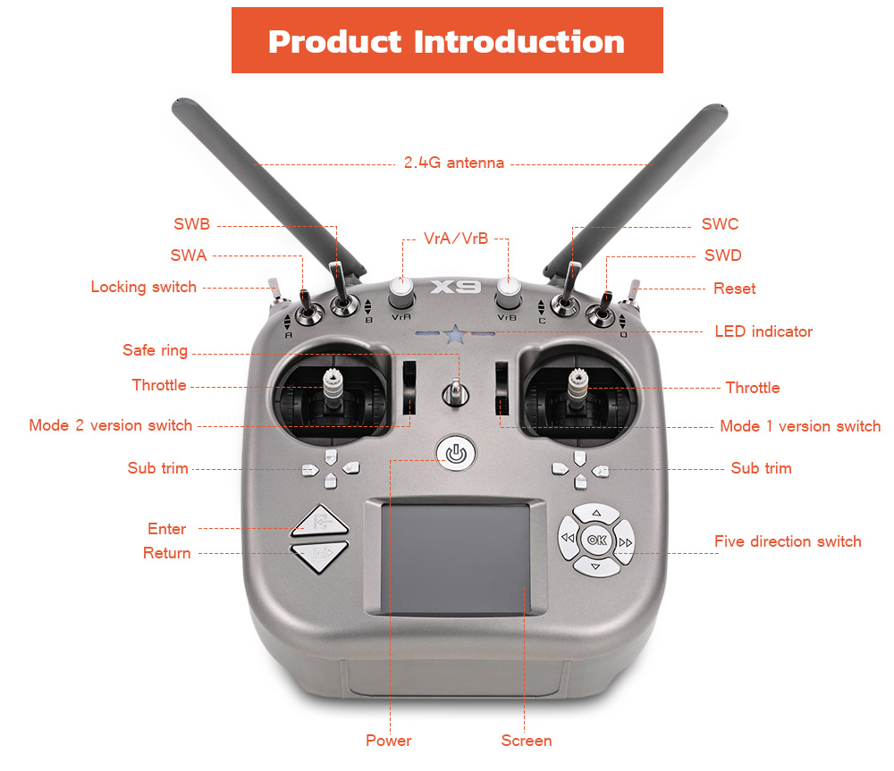 X9 9CH 2.4G LCD Screen Remote Controller Transmitter with X9D Receiver