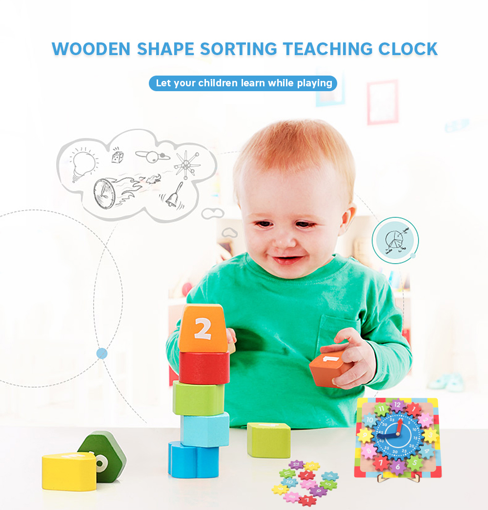 Wooden Shape Sorting Teaching Clock for Toddlers Kids