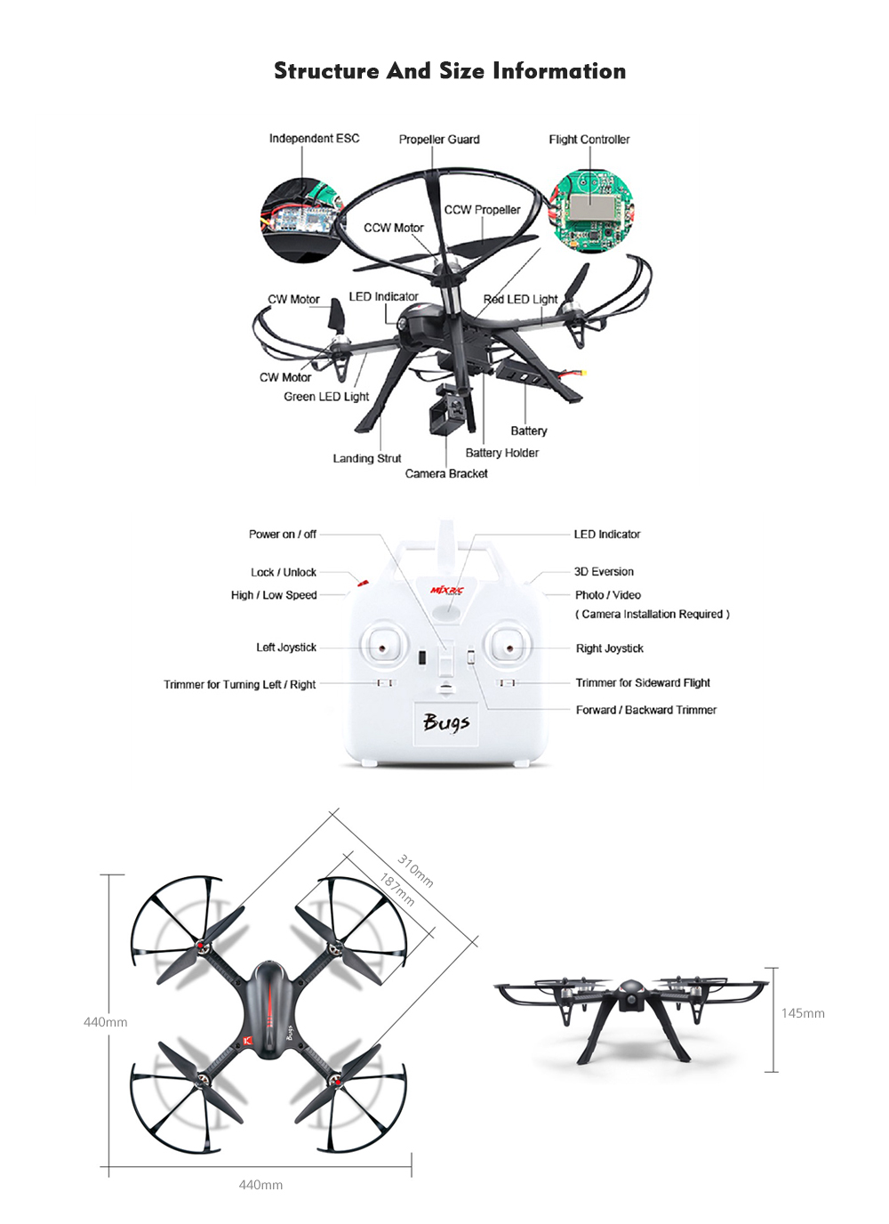MJX B3 Bugs 3 RC Quadcopter RTF Two-way 2.4GHz 4CH with Action Camera Bracket MJX B3 Bugs 3 RC Quadcopter RTF Two-way 2.4GHz 4CH with Action Camera Bracket