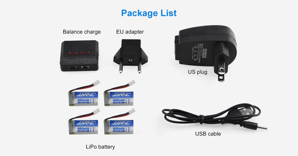 JJRC Battery Charging Set 3.7V 400mAh LiPo + WSX Balance Charger with US Plug Adapter / Cable for H31 Drone