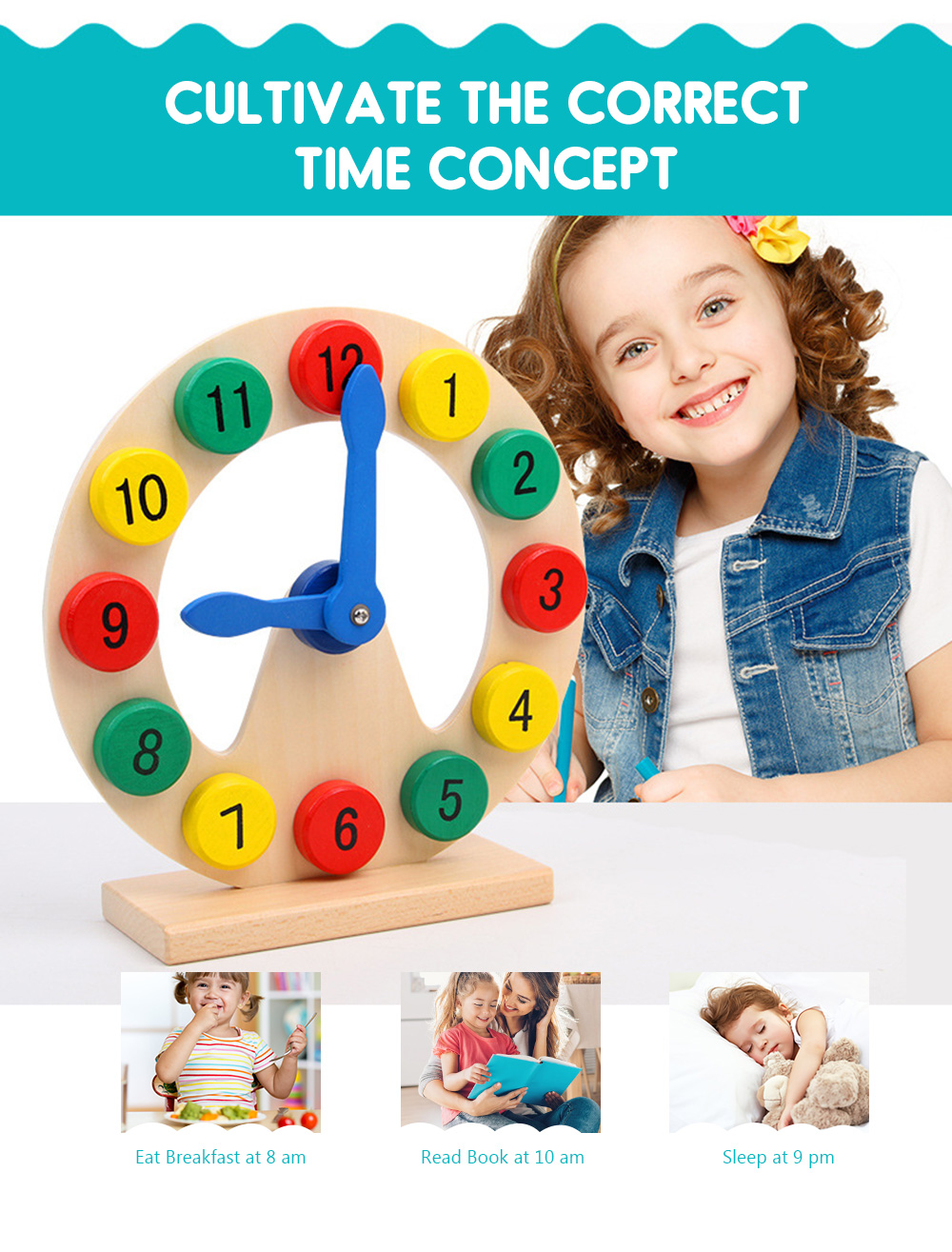 Educational Wooden Clock for Kids over 36 Months Time Learning Numerical Mental Development Toy