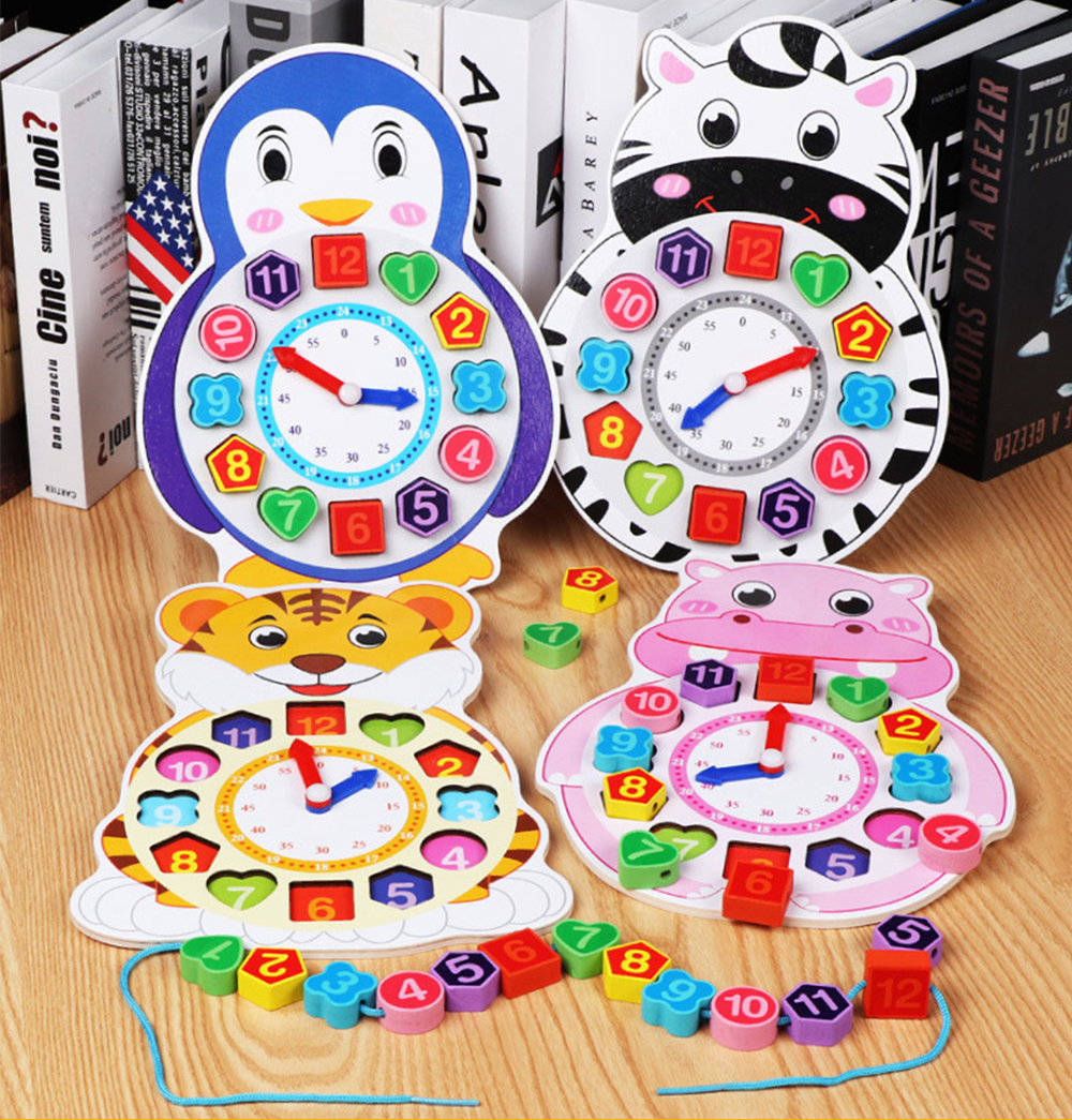 Wooden Lacing Beads Animal Clock Educational Toy for Children