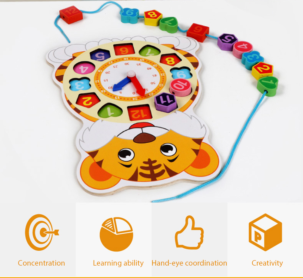 Wooden Lacing Beads Animal Clock Educational Toy for Children