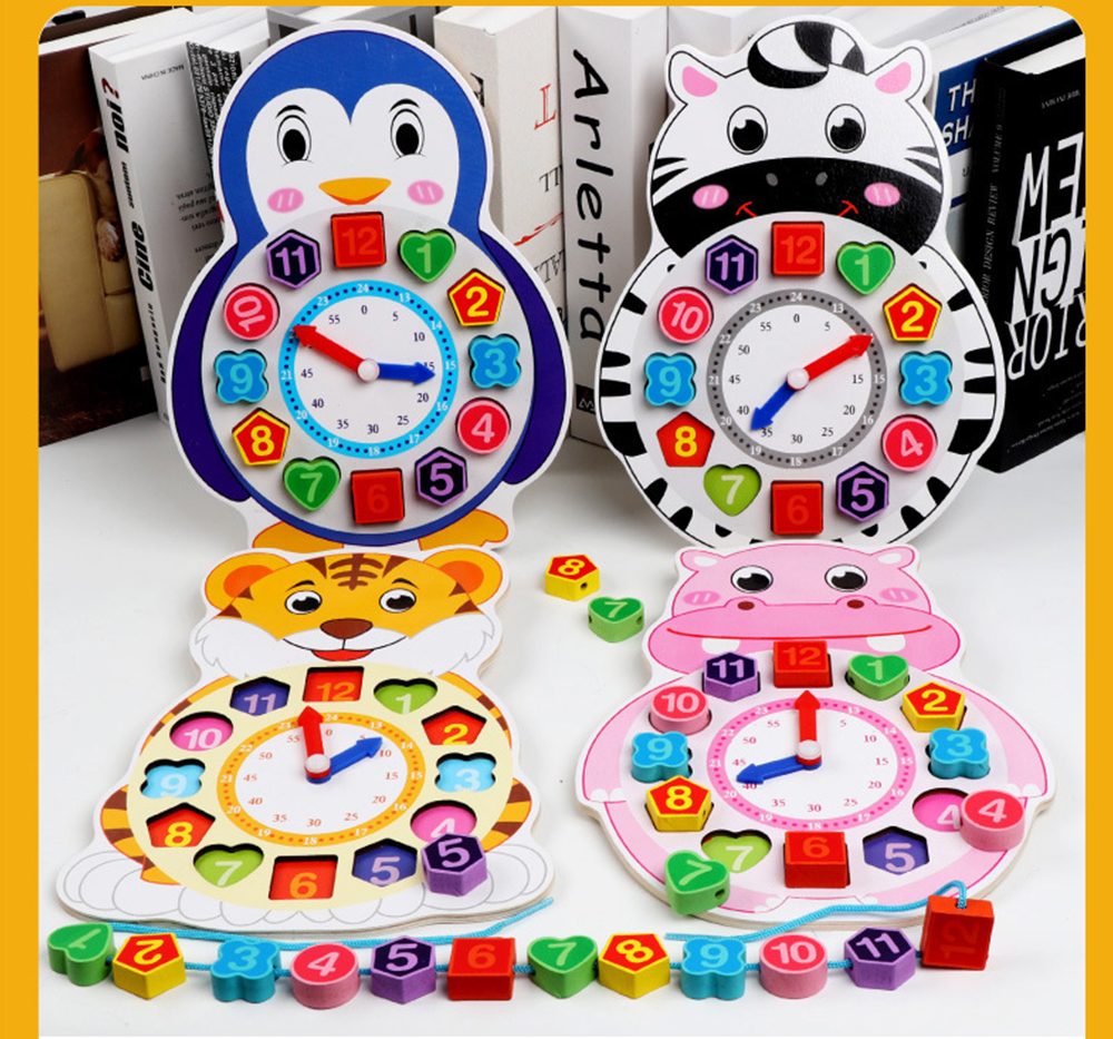 Wooden Lacing Beads Animal Clock Educational Toy for Children